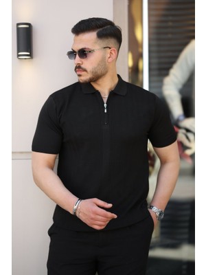 Erkek Yakası Fermuarlı Kısa Kollu T-Shirt