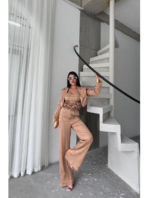 Jakarlı Bluzu Tasarım Detaylı Ceket-Pantolon-Bluz 3 Lü Takım - Bej