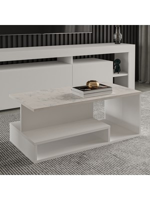 İnarch Dizayn Vera Mini Orta Sehpa – Modern Tasarım, Fonksiyonel Raflı Yapı, Beyaz/Beyaz Mermer