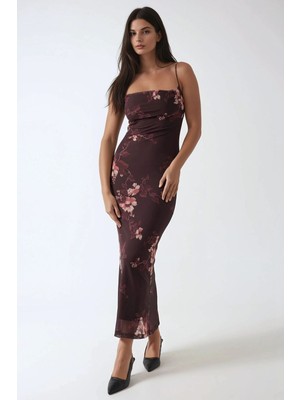Hiccup Kadınlar Desenli Askılı Bodycon Maxi Elbise Kestane Kahvesi