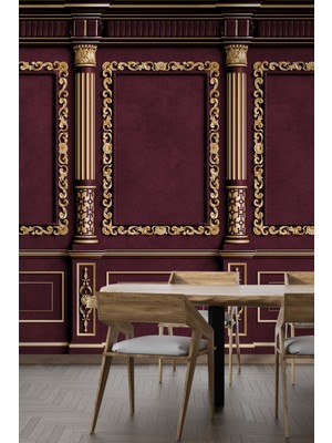 Vintage Bordo Altın Çerçeve Sütun Desenli Duvar Kağıdı