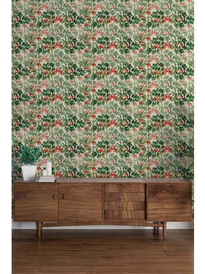 Kırmızı Nar ve Yaprak Desenli Duvar Kağıdı