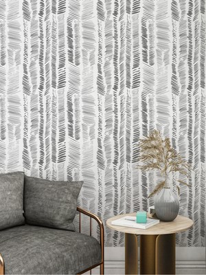 Boho Gri-Beyaz Çizgili Desenli Duvar Kağıdı
