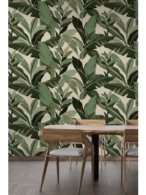 Yeşil Tropikal Yaprak Desenli Duvar Kağıdı