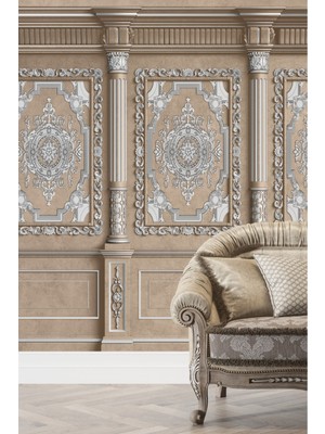 Vintage Bej Gümüş Çerçeve Sütun Desenli Duvar Kağıdı