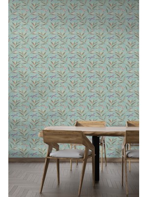 Vintage Mavi Yaprak Desenli Duvar Kağıdı