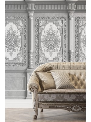 Vintage Gümüş Çerçeve Sütun Desenli Duvar Kağıdı