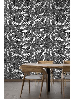Siyah-Beyaz Yaprak Desenli Duvar Kağıdı