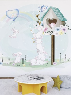 Tavşan ve Kuş Temalı Eğlenceli Dijital Baskılı Duvar Kağıdı-Çocuk Odası Duvar Kağıdı-Isı Ses Yalıtım