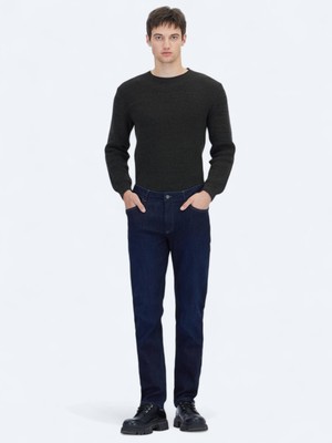 Lacivert Düz Slim Fit Denim Pamuk Karışımlı Pantolon