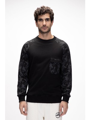 Deep Si̇yah Crewneck Erkek Baskılı Sweatshirt