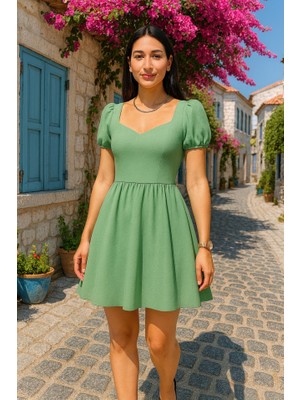 Kadın Dalgıç Kumaş Kalp Yaka Elbise