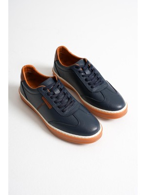 Navro Erkek Lacivert Hakiki Deri Casual Sneaker Ayakkabı