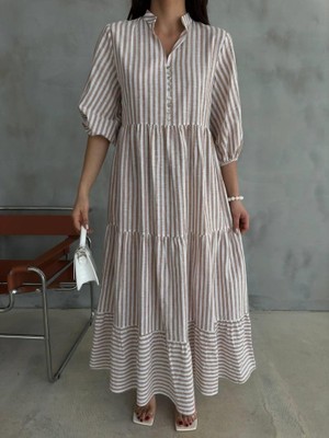 Çizgili Keten Hakim Yaka Düğmeli Salaş Elbise - Kahverengi