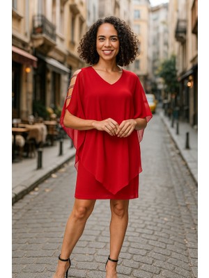 Kadın Omzu Açık V Yaka Şifonlu Sandy Kumaş Fırsat Ürün Diz Üstü Elbise