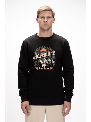 Adventure Si̇yah Crewneck Erkek Baskılı Sweatshirt