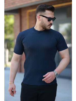 Erkek Bisiklet Yaka Örgü Desenli Kısa Örme Triko Kısa Kollu T-Shirt