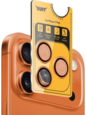 Buff Labs Buff iPhone 17 Pro Metal Kamera Lens Koruyucu Ekran Koruyucu Turuncu Renk ile Şok Geçirmez Tasarım