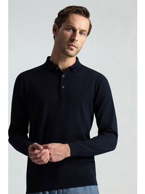 Merino Yünü Polo Yaka Lacivert Triko