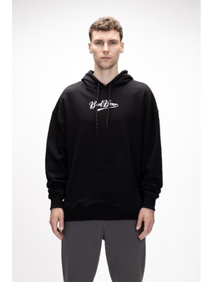 York Si̇yah Kapüşonlu Oversize Erkek Baskılı Sweatshirt