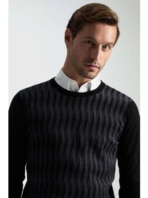 Merino Yün Şerit Desenli Siyah Bisiklet Yaka Triko
