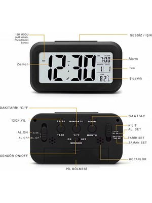 Eagle Epic Dijital Masa Saati Fotoselli Alarmlı Işıklı Termometre Takvim Çalar Saat Akıllı Uyandırma-siyah
