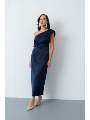 Kadın Lacivert Degaje Yaka Saten Elbise
