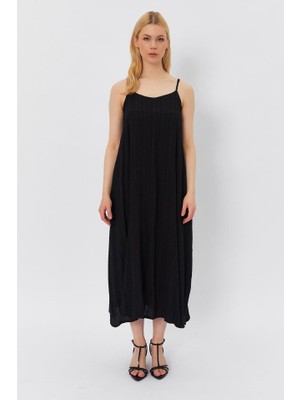 Askılı Uzun Çan Elbise - Siyah S-Si̇yah