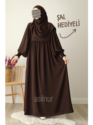 Hüsna Balon Kol Ferace Şal Hediyeli Takım Kahverengi