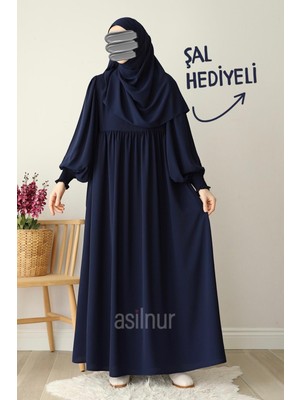 Hüsna Balon Kol Ferace Şal Hediyeli Takım Lacivert