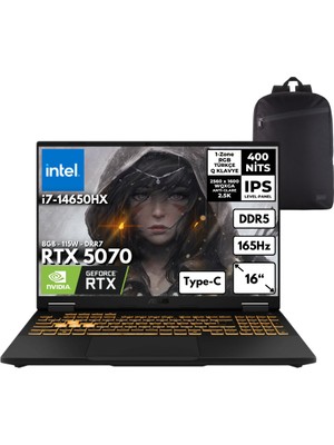 Asus Tuf F16 I7-14650HX 32-Gbddr5 1 Tbssd RTX5070 (8GB-115W-GDRR7) 16" Wqxga 165Hz Windows 10 Home + Hmf Sırt Çantası FX608JPR-QT070HMF64