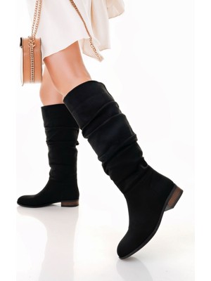 Pabucmarketi Siyah Süet Körüklü Kadın Topuklu Çizme