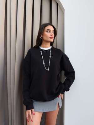 Siyah Oversize Şardonlu Sweatshirt
