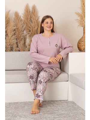 Nisanca Uzun Kollu %100 Pamuk Büyük Beden Anne Pijama Takımı- Anne Özel Serisi