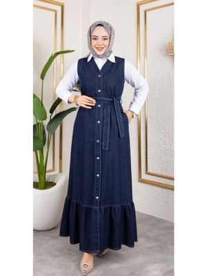 Harman Butik Kadın Düğmeli Kuşaklı Kot Jile Uzun Kol Gömlek Yaka Trend Silueti ile Şıklık Sunar