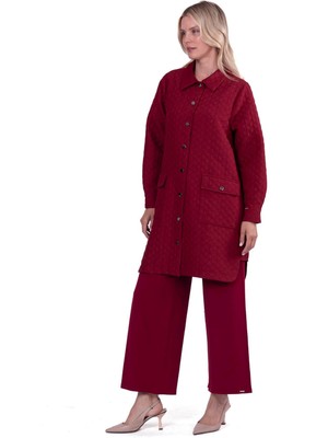 Kapitone Uzun Gömlek Kap Bordo