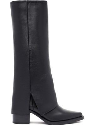 Kadın Siyah Kalın Topuklu Deri Çizme 25WFD153918