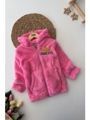 Miniğimin Cicileri Princess Işleme Kız Çocuk Kapüşonlu peluş hırka - Koyu Pembe