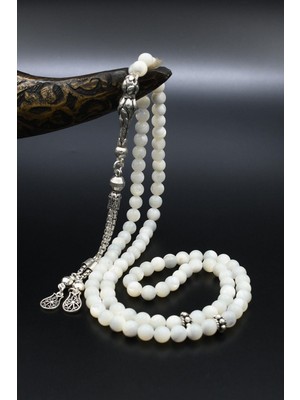 Doğal Sedef Taşlı 99'lük Tesbih 925 Ayar Gümüş Püsküllü 6mm Küre Kesim 902220