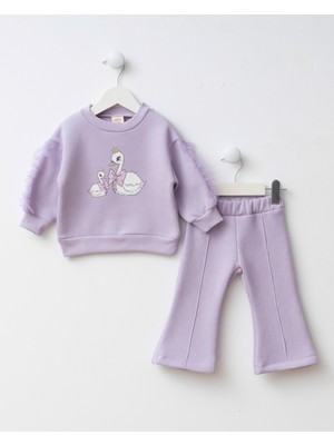 Kız Çocuk Pamuklu Lila Kuğu Baskılı Sweatshirt Ispanyol Paça Takım – Tül Kollu