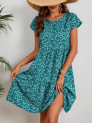 Kadın Kısa Kollu Bisiklet Yaka Çiçek Desenli Süprem Elbise