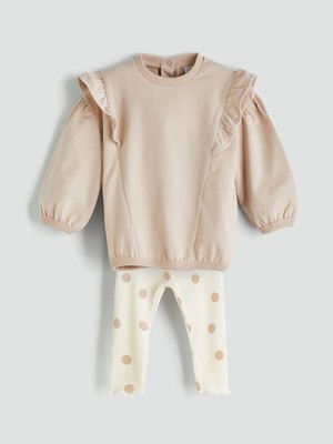 Lcw Kids Bej Bisiklet Yaka Uzun Kollu Kız Bebek Sweatshirt ve Tayt 2'li Takım