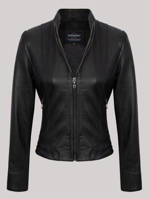 Hakiki Deri Siyah Bel Işlemeli Önden Fermuarlı Kadın Deri Ceket
