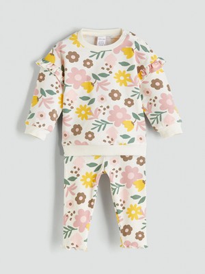 Lcw Baby Ekru Bisiklet Yaka Çiçekli Kız Bebek Sweatshirt ve Eşofman Alt 2'li