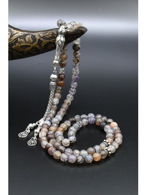 Doğal Damarlı Akik Taşlı 99'lük Tesbih 925 Ayar Gümüş Püsküllü 6mm Küre Kesim 902221