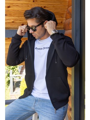 Kapüşonlu Boydan Fermuarlı  3 Iplik Şardonlu Pamuklu Sweatshirt