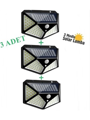 3'lü Paket 100 LED Solar Güneş Enerjili Hareket Sensörlü Bahçe Garaj Ev Aydınlatma Lambası 3 Modlu