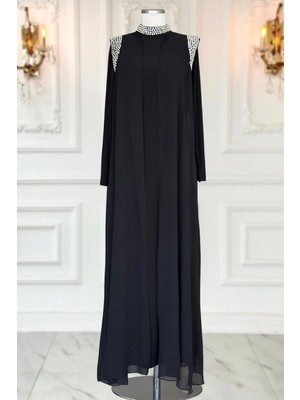 Amine Hüma Zambak Abiye Elbise Siyah, Şifon Ve Sandy Kumaş, Rahat Kalıp İle Şık Tasarım