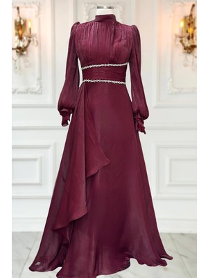 Amine Hüma Alize Abiye Elbise Bordo Polyester Kumaş Dar Kalıp Şık Tasarım