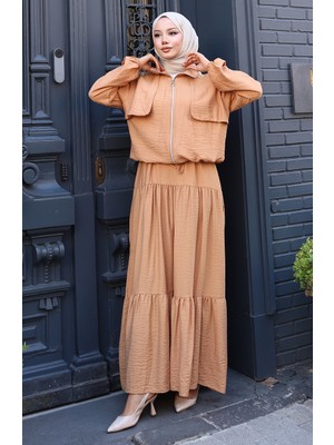 Kolu Lastikli Fermuarlı Ikili Takım 0129-16 Açık Sütlü Kahve